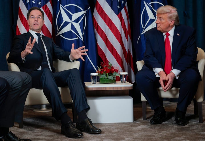 President Donald Trump (R) listens as NATO Secretary General Mark Rutte speaks during a bilateral meeting on the sidelines of the World Economic Forum (WEF) Annual Meeting on Jan. 21 in Davos, Switzerland.