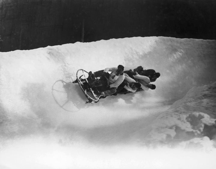 The British four-man bobsleigh team in action in Chamonix.
