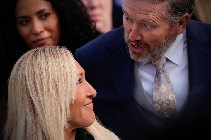 Marjorie Taylor Greene and Thomas Massie speak during a news conference on the Epstein Files Transparency Act in November. Greene has since resigned from Congress, but Massie remains a House Republican willing to buck the president.