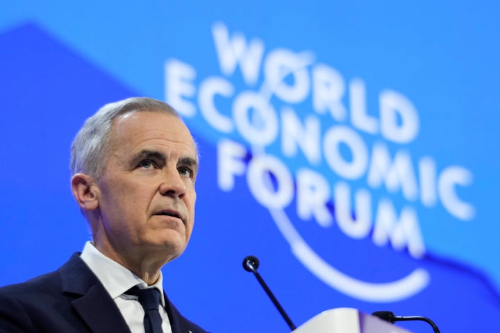 Canada's Prime Minister Mark Carney speaks during the Annual Meeting of the World Economic Forum in Davos, Switzerland, Tuesday, Jan. 20, 2026. (AP Photo/Markus Schreiber)