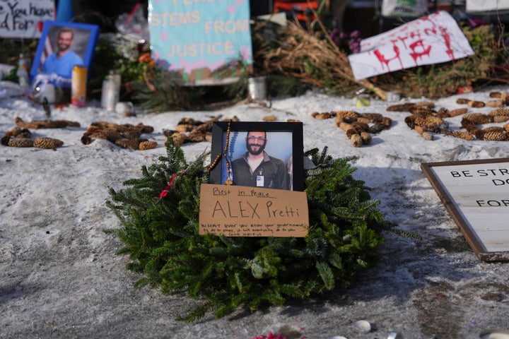 A makeshift memorial was placed where ICU nurse Alex Pretti was shot and killed in Minneapolis on Jan. 25, 2026.