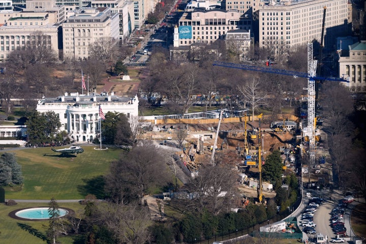 Marine One, with President Donald Trump aboard, lifts off the South Lawn, Tuesday, Jan. 13, 2026 at the White House in Washington,. The new ballroom construction can be seen on the right. (AP Photo/Pablo Martinez Monsivais)
