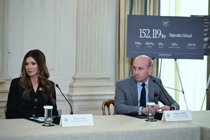 Secretary of Homeland Security Kristi Noem and homeland security adviser Stephen Miller are seen during a roundtable event at the White House touting efforts on crime and immigration made by his administration in October.