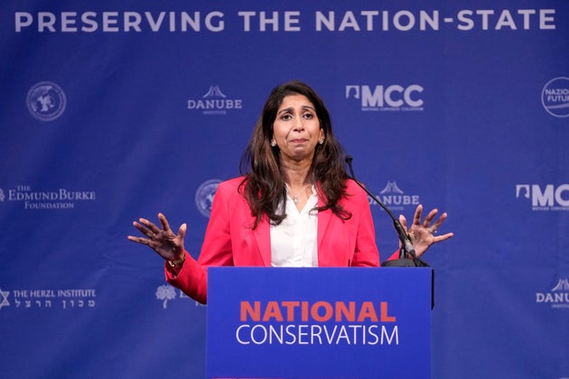 Former British Home Secretary Suella Braverman speaks during the National Conservatism conference in Brussels, Tuesday, April 16, 2024. 