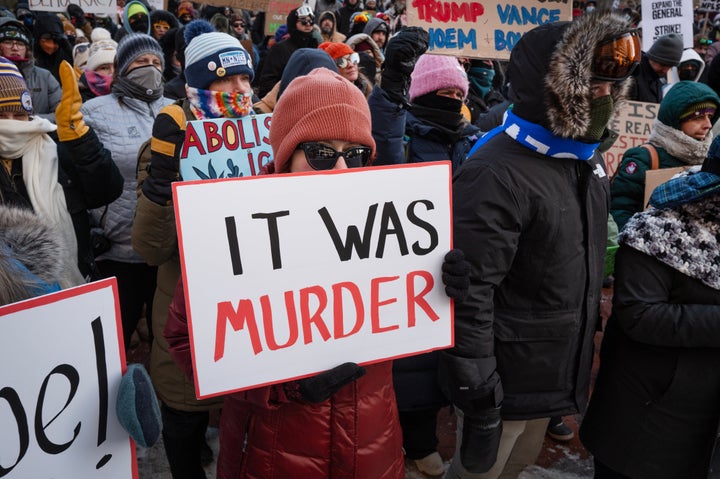 Demonstrators protest ICE operations and the deaths of Renee Good and Alex Pretti on Sunday in Minneapolis, Minnesota.