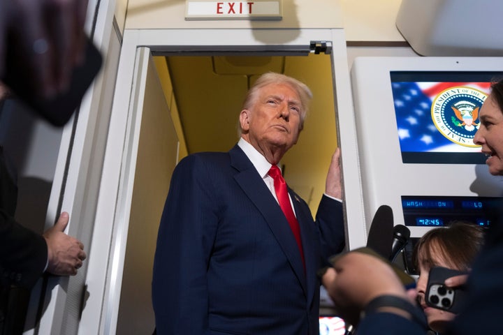 President Donald Trump speaks with reporters aboard Air Force One shortly after taking off from Busan, South Korea, en route to Joint Base Andrews, Md., on Oct. 30, 2025.