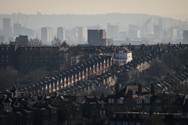 A general view of residential streets and housing on March 3, 2025 in London, England.