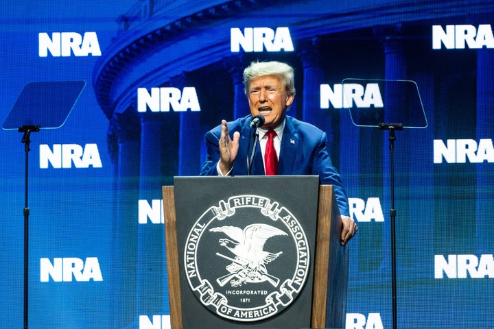 President Donald Trump delivers remarks during the National Rifle Association (NRA) annual convention in Indianapolis, Indiana in 2023.