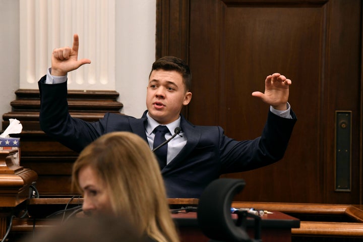 Kyle Rittenhouse testifies about how a protester had a handgun in his hand when he confronted Rittenhouse during his trial at the Kenosha County Courthouse on Nov. 10, 2021, in Kenosha, Wisconsin.