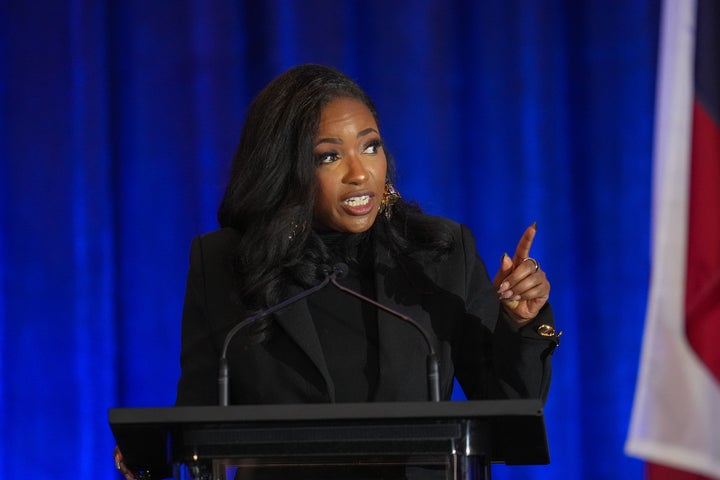Rep. Jasmine Crockett (D-Texas), a primary candidate for U.S. Senate, debates Saturday with Texas state Rep. James Talarico during the Texas AFL-CIO Committee on Political Education Convention in Georgetown, Texas. 