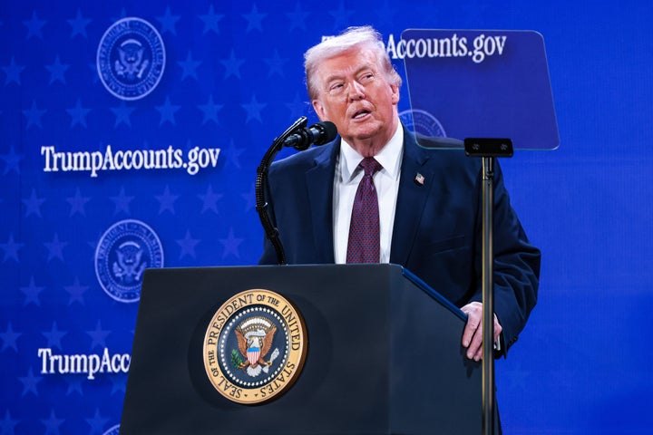 US President Donald Trump speaks during the Trump Accounts Launch Summit in Washington, DC, US, on Wednesday, Jan. 28, 2026. Trump's push to create accounts for children is getting support from financial firms including Visa Inc., which announced Wednesday that it will allow credit-card holders to use rewards points to fund those accounts. Photographer: Valerie Plesch/Bloomberg via Getty Images