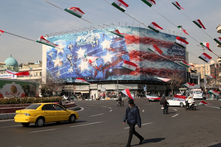 A general view of anti-American posters and Iranian flags displayed following a possible US intervention against Iran on January 28, 2026 in Tehran, Iran. (Photo by Fatemeh Bahrami/Anadolu via Getty Images)
