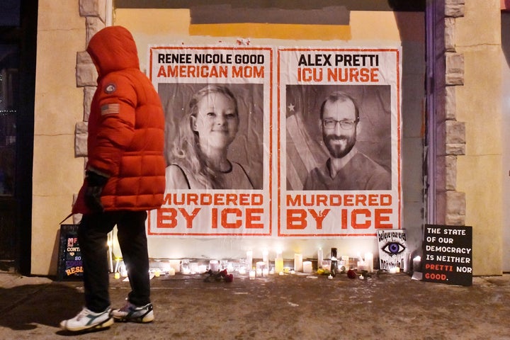 Posters of Alex Pretti and Renee Good, who was killed by ICE officers earlier this month, hang in Minneapolis.