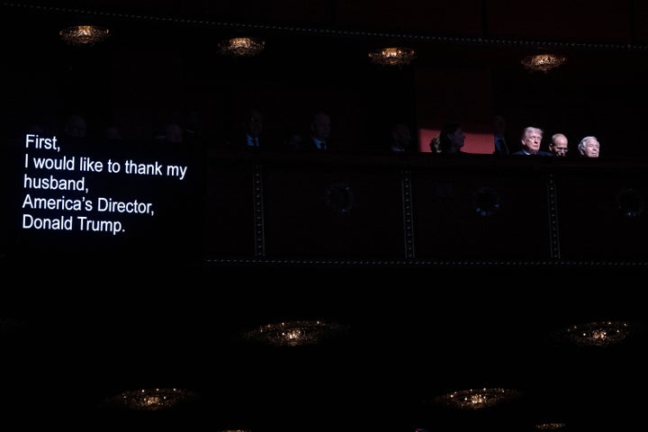 The telepromter shows the words that Melania Trump reads during the premiere.