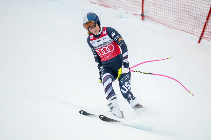 Lindsey Vonn reacts after a crash during the women's downhill on January 30. 