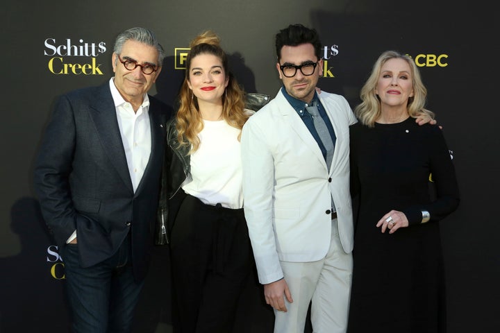 Eugene Levy, from left, Annie Murphy, Dan Levy and Catherine O'Hara arrive at the 