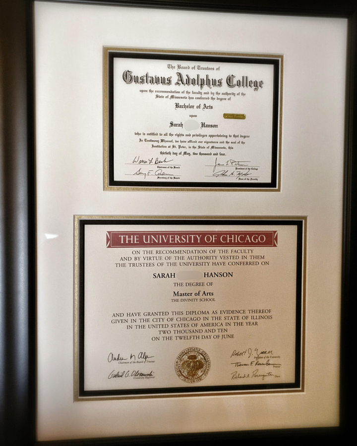 The author's diploma, which her current husband dug out of a dresser drawer and had framed for their first Christmas together.