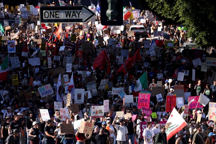 Hundreds of activists and protesters take part in an, "ICE Out of Everywhere," protest and march down Temple Street in downtown Los Angeles on January 30, 2026. (Genaro Molina/Los Angeles Times via Getty Images)
