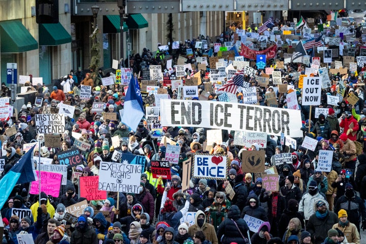 Demonstrators march calling for an end to ICE operations in Minnesota on January 30, 2026 in Minneapolis, Minnesota. (Photo by John Moore/Getty Images)
