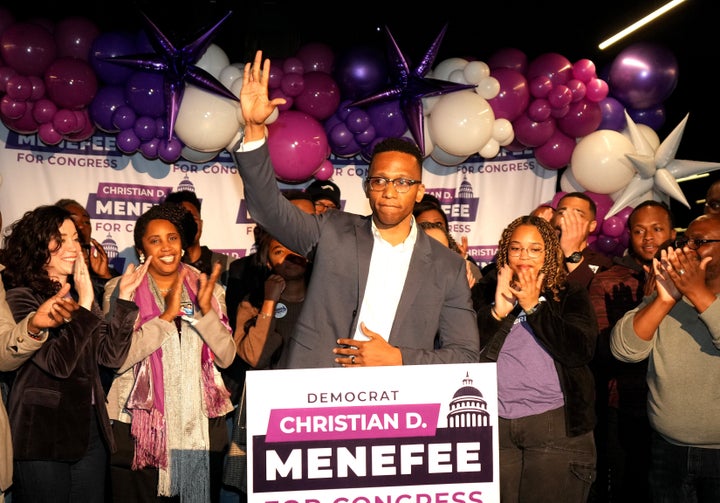 Texas Congressional Candidate Christian Menefee speaks to supporters during his watch party at The Post Houston on Election Day, in Houston, Saturday, Jan. 31, 2026. (AP Photo/Karen Warren)