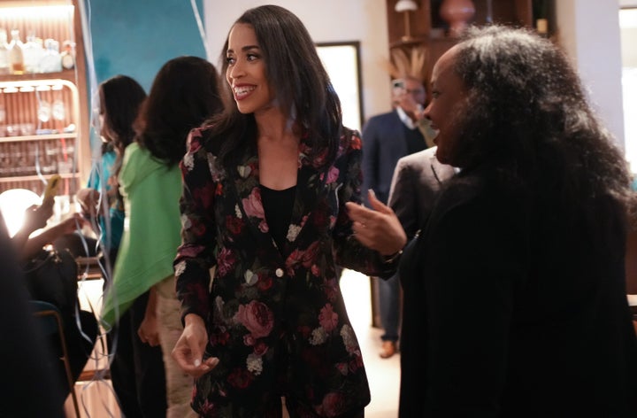 Amanda Edwards chats with supporters at her election party for U.S. Rep. District 18 at Late August in Houston on Tuesday, Nov. 4, 2025. (Elizabeth Conley/Houston Chronicle via Getty Images)
