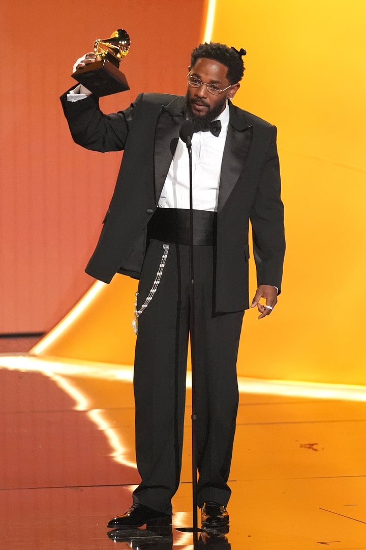 Kendrick Lamar accepts the award for best rap album for "GNX" during the 68th annual Grammy Awards on Sunday, Feb. 1, 2026, in Los Angeles. (AP Photo/Chris Pizzello)