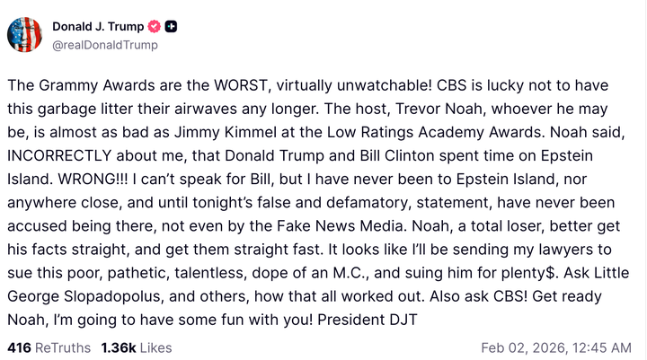 The president criticized Trevor Noah after the comedian mocked him at the Grammy Awards on Sunday.