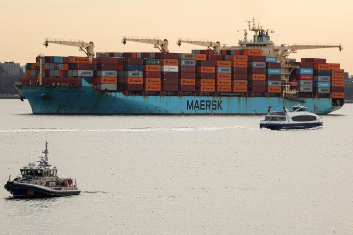 A Maersk cargo ship navigates through New York Bay on Jan. 23, 2026. 