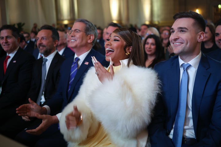 Musician Nicki Minaj laughs during President Donald Trump's remarks at the Treasury Department on Jan. 28, 2026.