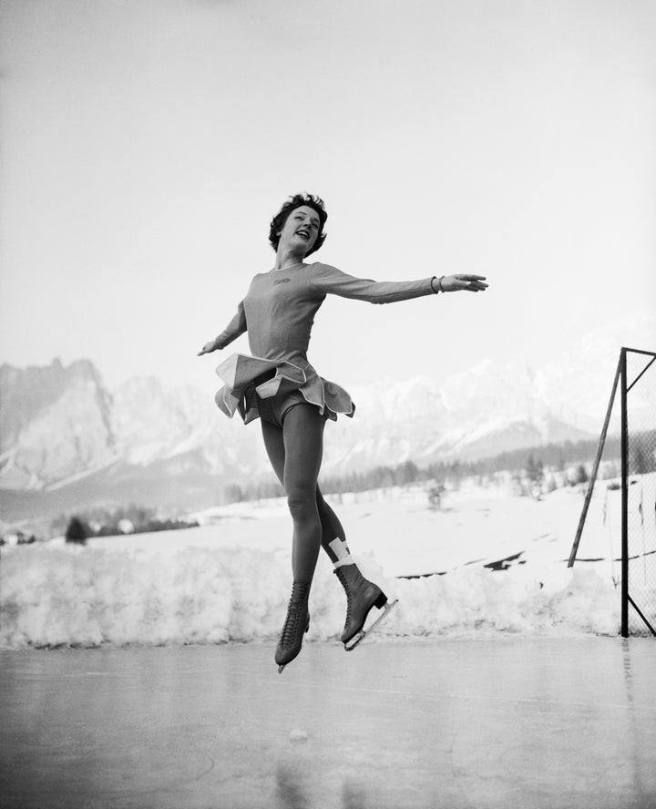 American figure skater Tenley Albright practices along the ice prior to competing in Cortina d'Ampezzo.