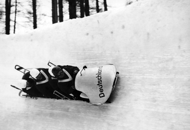Germany's four-man bobsleigh team during a training run.