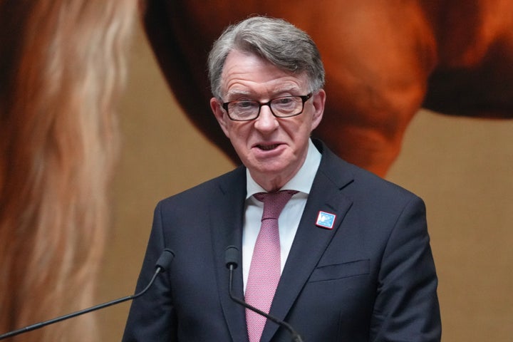 British Ambassador to the United States, Peter Mandelson speaks during the rededication ceremony of the George Washington Statue in the National Gallery in London, Wednesday, June 18, 2025. (AP Photo/Kirsty Wigglesworth)
