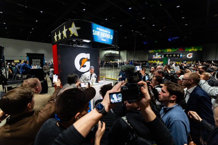 Sam Darnold of the Seattle Seahawks speaks with the media during Super Bowl LX Opening Night on Monday. 