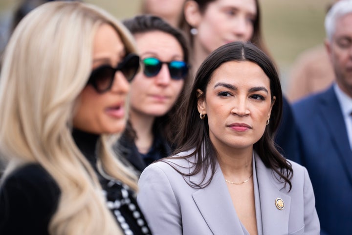 Rep. Alexandria Ocasio-Cortez, here with celebrity and victims rights advocate Paris Hilton on January 22, told MeidasTouch that bipartisan involvement was essential to the "integrity" of any Jeffrey Epstein investigations.