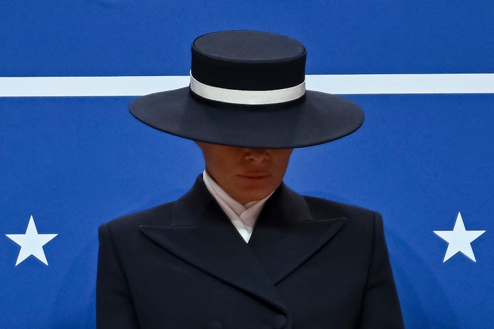 First lady Melania Trump wearing one of her big hats at the inaugural parade in Washington, DC on January 20, 2025.