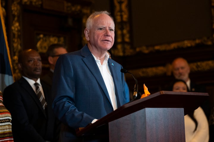 Minnesota Gov. Tim Walz speaks during a press conference Tuesday at the State Capitol building about the federal detention of children.