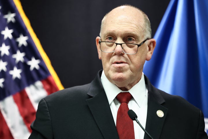 Border czar Tom Homan speaks during a press conference at the Bishop Henry Whipple Federal Building in Minneapolis, Minnesota, on Feb. 4, 2026.