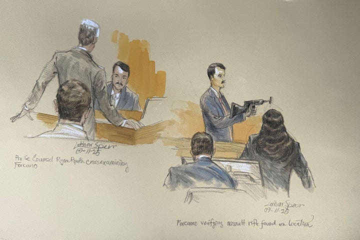 This courtroom sketch shows Secret Service agent Robert Fercano holding up the weapon found in the bushes during opening statements in the trial of Ryan Routh, who is charged with attempting to assassinate Donald Trump last year at a golf course in South Florida, Thursday, Sept. 11, 2025, in Fort Pierce, Fla. (Lothar Speer via AP)