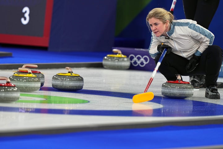 Norway's Kristin Skaslien in action, during the mixed doubles round robin stage of the curling competition against Great Britain, at the 2026 Winter Olympics in Cortina d'Ampezzo, Italy, Wednesday, February 4, 2026. (AP Photo/Fatima Shbair)