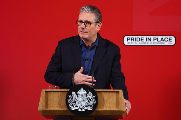 UK Prime Minister Keir Starmer delivers a speech at Horntye Park Sports Complex on February 05, 2026 in St Leonards-on-Sea, United Kingdom.