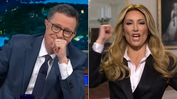 Stephen Colbert (left) and Laura Benanti as Melania Trump on “The Late Show” on Wednesday night.