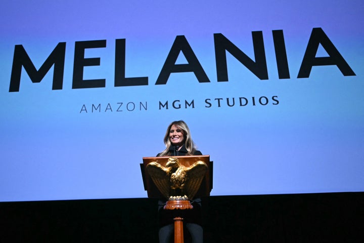 First Lady Melania Trump speaks during the world premiere of Amazon MGM Studios 