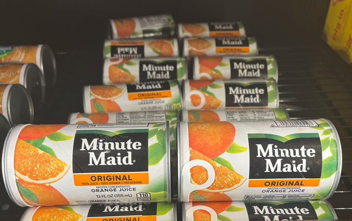 Minute Maid frozen concentrate orange juice is on display at a grocery store in White Plains, N.Y. on Wednesday, Feb. 4, 2026. (AP Photo/Donald King)