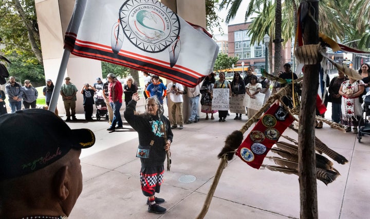 Virginia Carmelo, of the Gabrielino/Tongva Nation, speaks during a ceremony in front of City Hall for Indigenous Peoples' Day in Anaheim, California, in October.