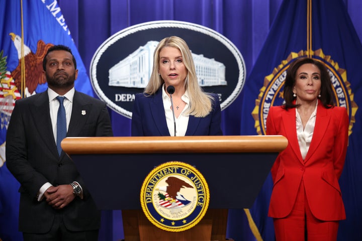 U.S. Attorney General Pamela Bondi, FBI Director Kash Patel and U.S. Attorney for Washington, D.C., Jeanine Pirro make a press announcement at the Department of Justice,