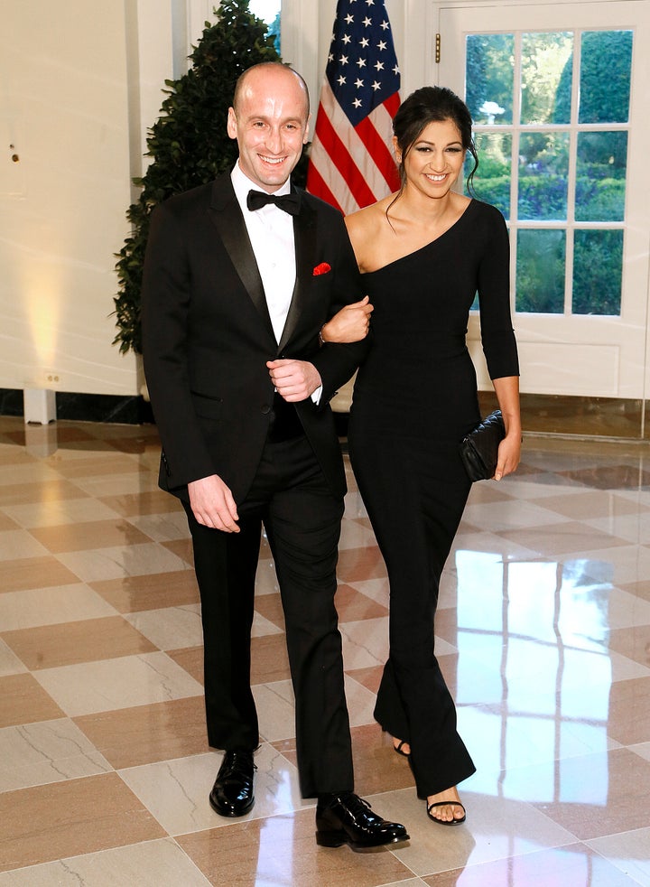 Stephen Miller and then-Katie Waldman arrive for the State Dinner with Australian PM Morrison on Sept. 20, 2019 in Washington, DC.