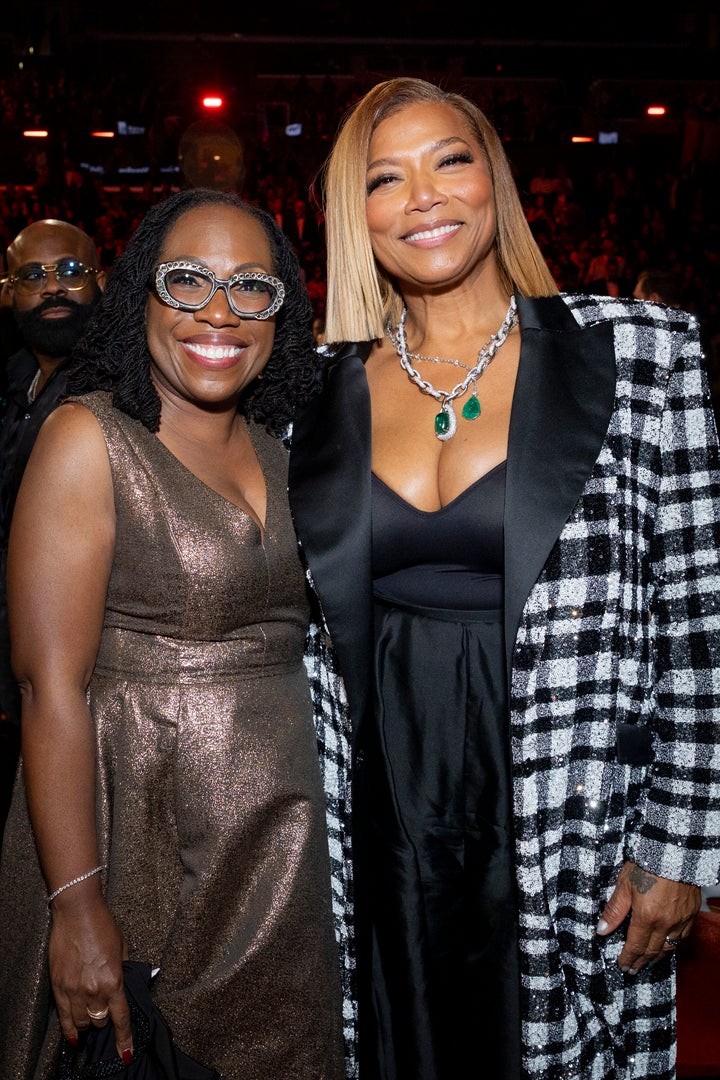Supreme Court Justice Ketanji Brown Jackson, left, poses with film and music icon Queen Latifah at the 2026 Grammy Awards, held Feb. 1 in Los Angeles.