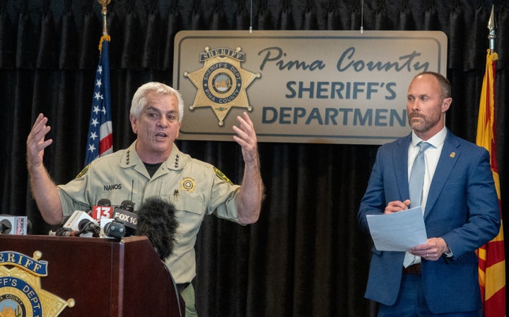 CATALINA, ARIZONA - FEBRUARY 3: Pima County Sheriff, Chris Nanos (left), speaks to the media on February 3, 2026 in Tucson, Arizona. He and FBI assistant special agent in-charge Jon Edwards (right) were answering questions about the search for Nancy Guthrie, the missing mother of NBC host Savannah Guthrie.(Photo by Jan Sonnenmair/Getty Images)