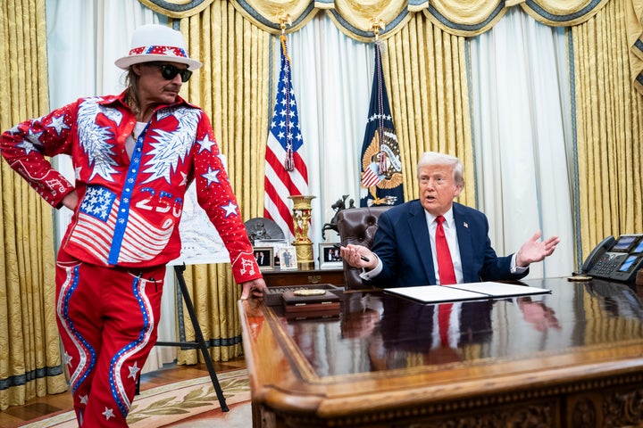 President Donald Trump, with singer Kid Rock at his side, in the Oval Office of the White House in Washington, DC, on March 31, 2025.