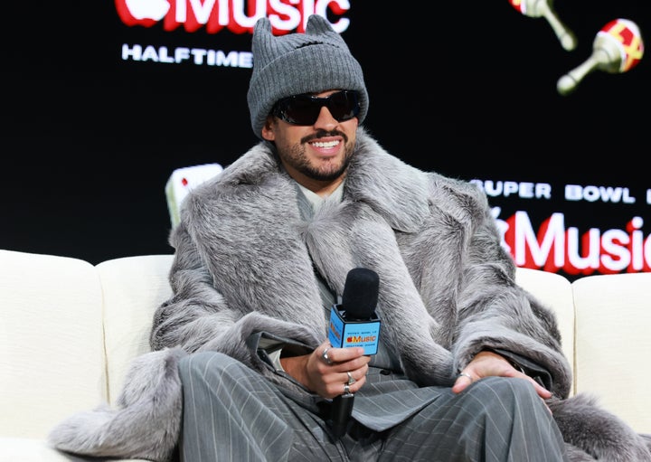 Bad Bunny appears on stage during Apple Music's Super Bowl LX pregame press conference and Super Bowl LX halftime show at Moscone Center West on Thursday in San Francisco.